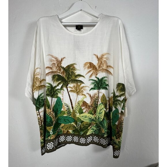 JM Collection Womens Tropic Retreat Palm Print Linen Blend Blouse Top XXL New - Picture 1 of 10